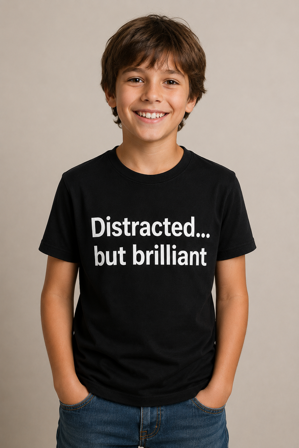 Child wearing black Distracted But Brilliant shirt, front view