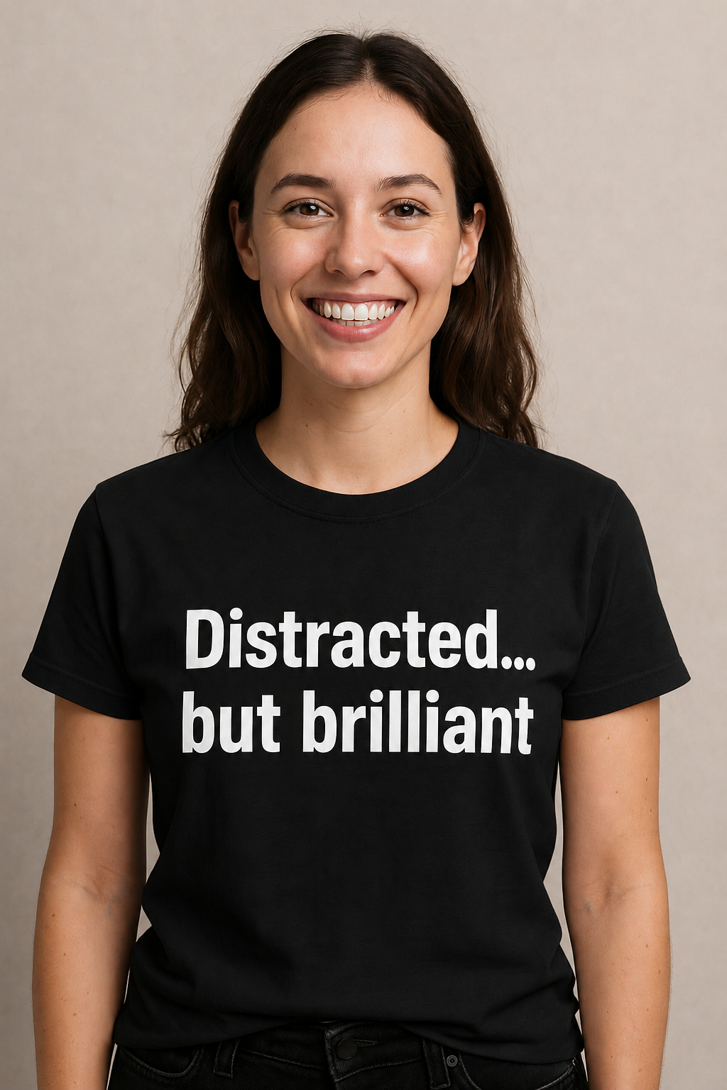 Woman wearing black Distracted But Brilliant shirt, front view